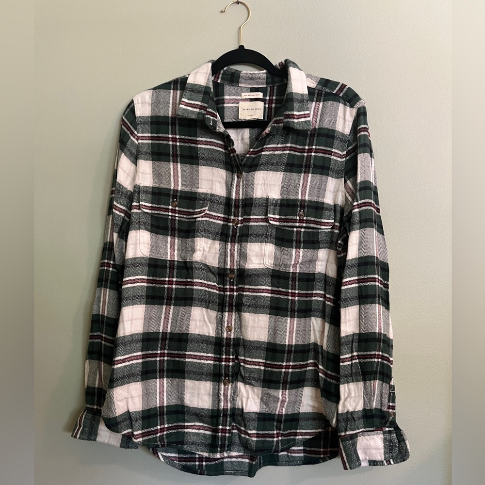 American Eagle Plaid Button Down White Green Wome… - image 1